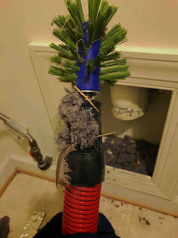 Lint and feathers stuck in indoor dryer vent hose by Sanitize 4 Serenity 